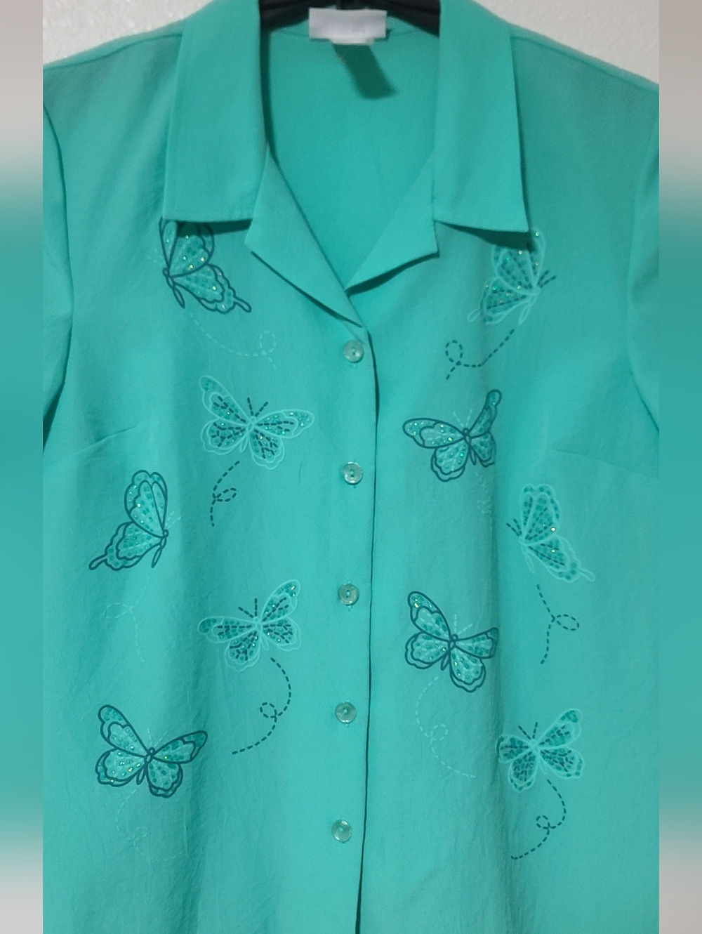 Blair Turquoise Short-Sleeve Button Down with Butterfly Embroidery - Picture 2 of 6